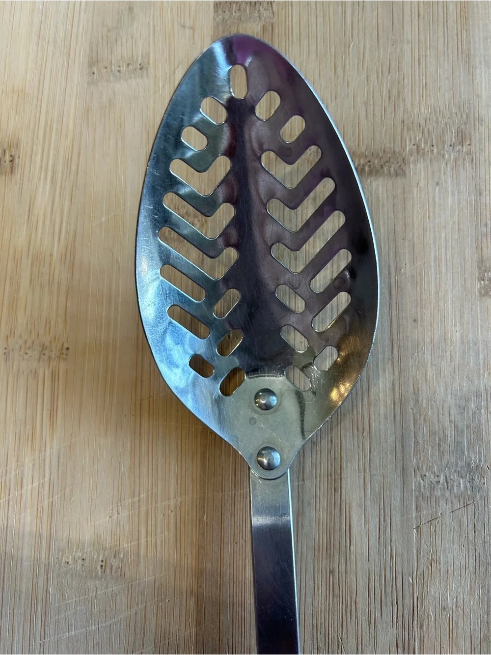 Vintage EKCO Forge Stainless Slotted Metal Spoon Strainer Utensil Black Handle.